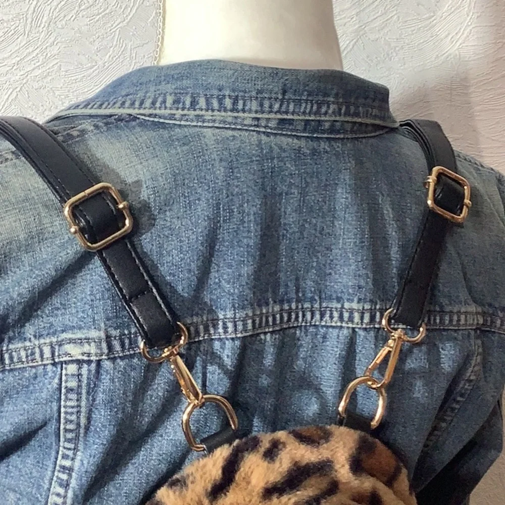 Faux Fur leopard animal print small backpack - fun playful - faux leather strap